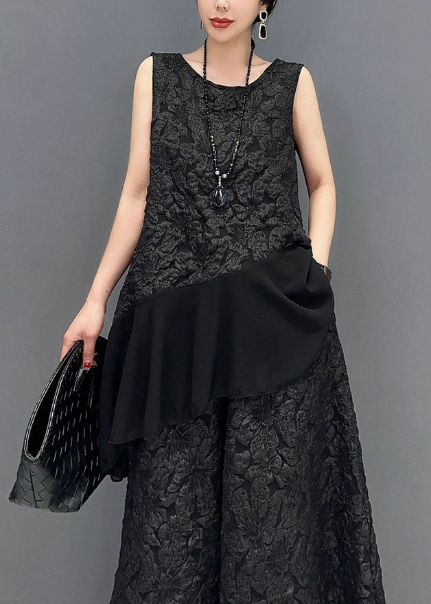 French Black Jacquard Asymmetrical Patchwork Ruffles Silk Two Piece Set Outfits Sleeveless LY1567