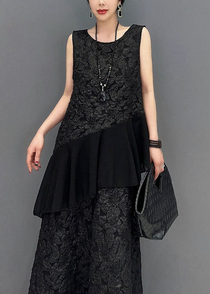 French Black Jacquard Asymmetrical Patchwork Ruffles Silk Two Piece Set Outfits Sleeveless LY1567