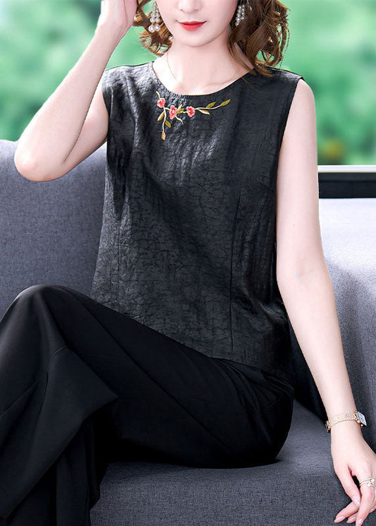 French Black O-Neck Embroideried Patchwork Silk T Shirt Tops Sleeveless LY0428