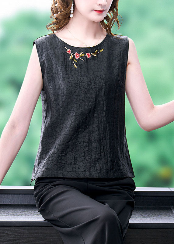 French Black O-Neck Embroideried Patchwork Silk T Shirt Tops Sleeveless LY0428