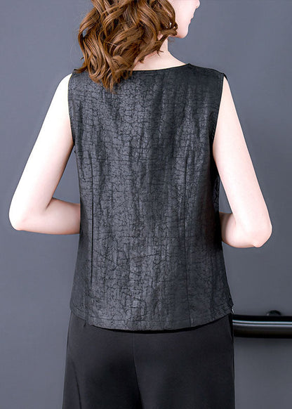 French Black O-Neck Embroideried Patchwork Silk T Shirt Tops Sleeveless LY0428