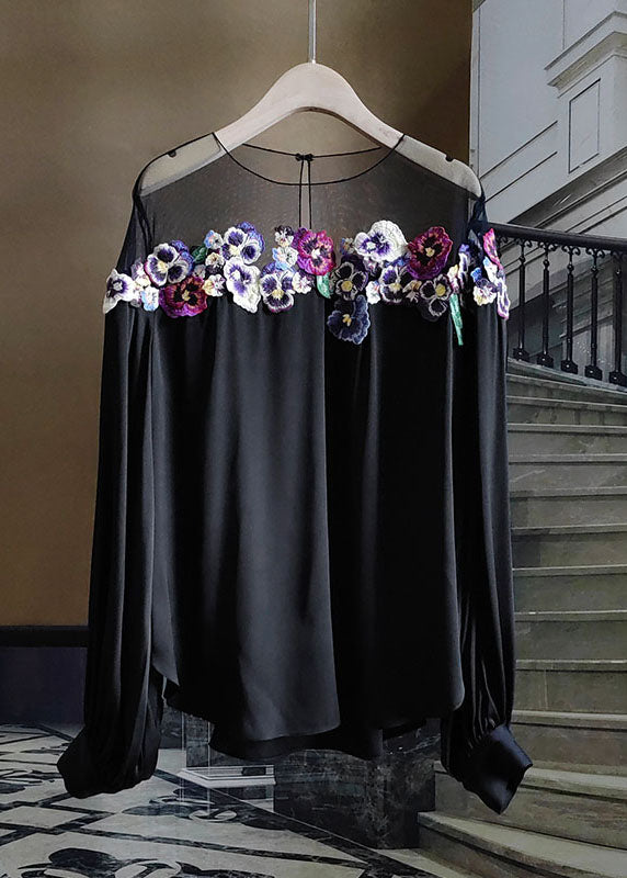 French Black O-Neck Floral Embroideried Patchwork Silk Tops Spring LY1061