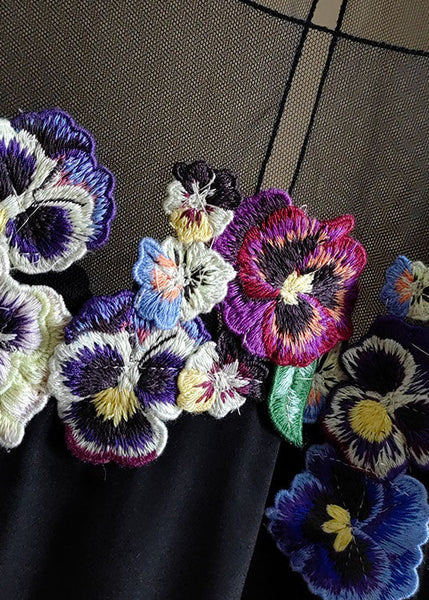 French Black O-Neck Floral Embroideried Patchwork Silk Tops Spring LY1061