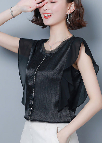 French Black O-Neck Patchwork Ruffles Silk Blouse Top Summer LY0462