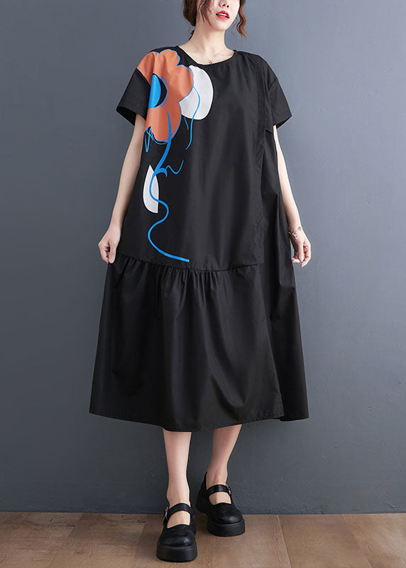 French Black O-Neck Patchwork Wrinkled Cotton Party Dress Summer LY1536