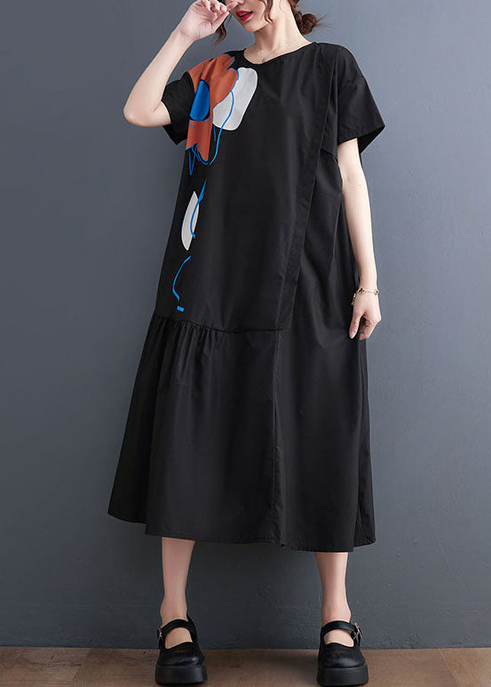 French Black O-Neck Patchwork Wrinkled Cotton Party Dress Summer LY1536