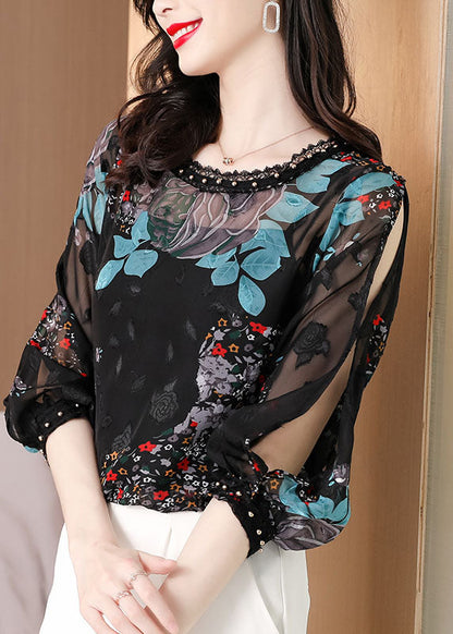 French Black O-Neck Print Lace Patchwork Chiffon Two Pieces Summer LY0475