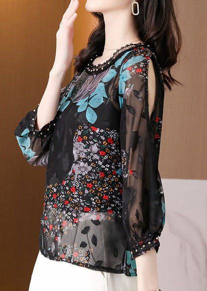 French Black O-Neck Print Lace Patchwork Chiffon Two Pieces Summer LY0475