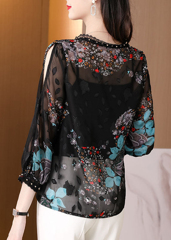 French Black O-Neck Print Lace Patchwork Chiffon Two Pieces Summer LY0475