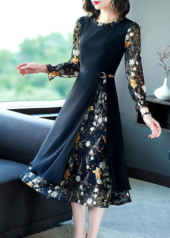 French Black O-Neck Ruffled Patchwork Print Chiffon Long Dress Spring LC0071