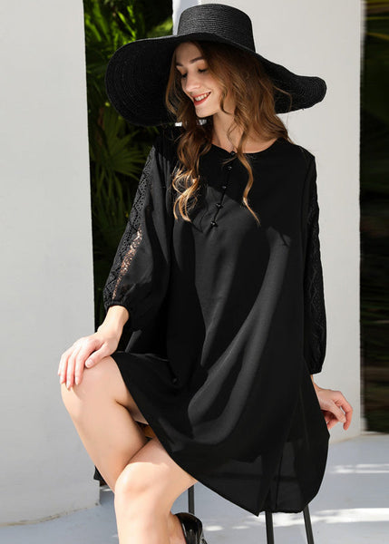 French Black Oversized Patchwork Lace Chiffon Dresses Bracelet Sleeve LY0269