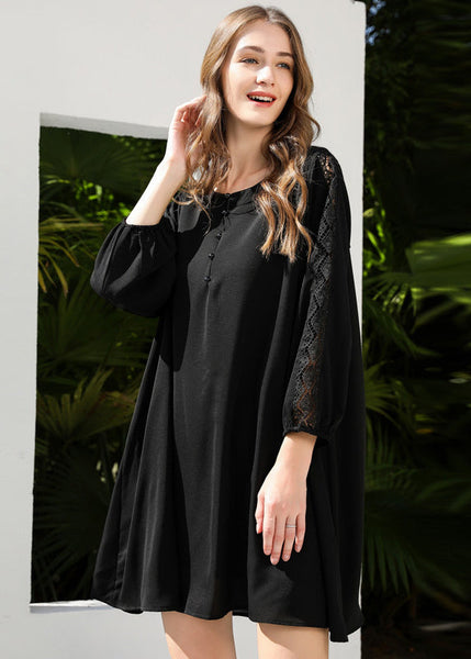 French Black Oversized Patchwork Lace Chiffon Dresses Bracelet Sleeve LY0269