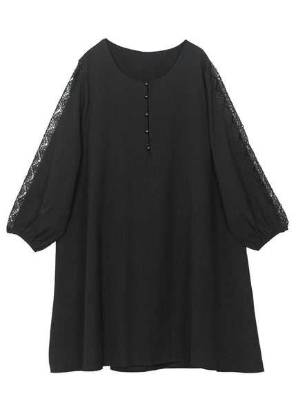 French Black Oversized Patchwork Lace Chiffon Dresses Bracelet Sleeve LY0269