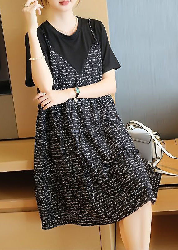 French Black Oversized Patchwork Print Cotton Fake Two Piece Mid Dresses Summer LY1436