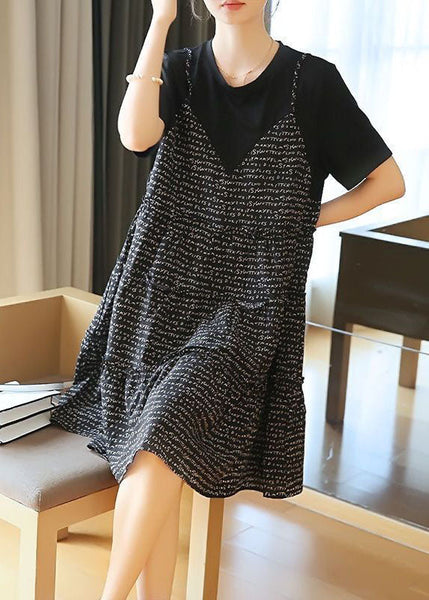 French Black Oversized Patchwork Print Cotton Fake Two Piece Mid Dresses Summer LY1436
