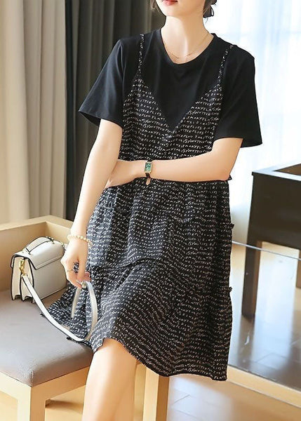 French Black Oversized Patchwork Print Cotton Fake Two Piece Mid Dresses Summer LY1436