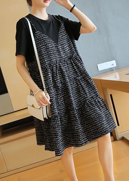 French Black Oversized Patchwork Print Cotton Fake Two Piece Mid Dresses Summer LY1436