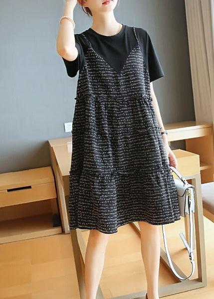 French Black Oversized Patchwork Print Cotton Fake Two Piece Mid Dresses Summer LY1436