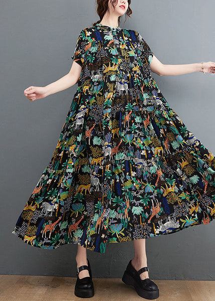 French Black Oversized Print Exra Large Hem Cotton Dress Summer LY1545