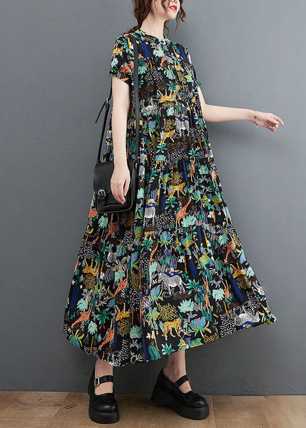 French Black Oversized Print Exra Large Hem Cotton Dress Summer LY1545