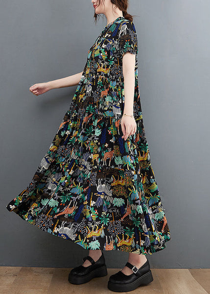 French Black Oversized Print Exra Large Hem Cotton Dress Summer LY1545