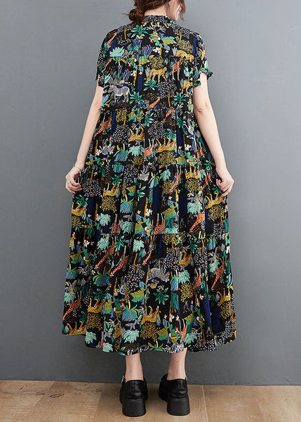 French Black Oversized Print Exra Large Hem Cotton Dress Summer LY1545