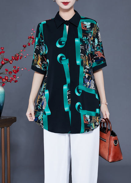 French Black Oversized Print Silk Shirt Top Summer LY0937