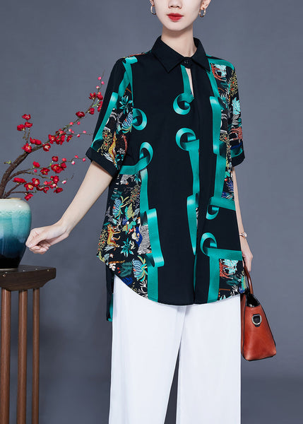 French Black Oversized Print Silk Shirt Top Summer LY0937