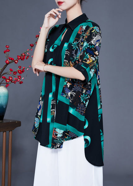 French Black Oversized Print Silk Shirt Top Summer LY0937