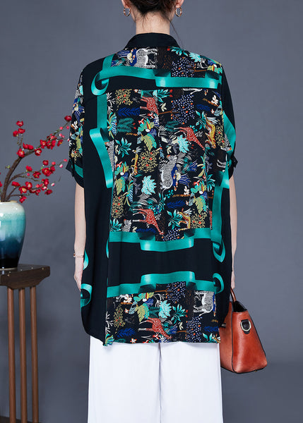 French Black Oversized Print Silk Shirt Top Summer LY0937
