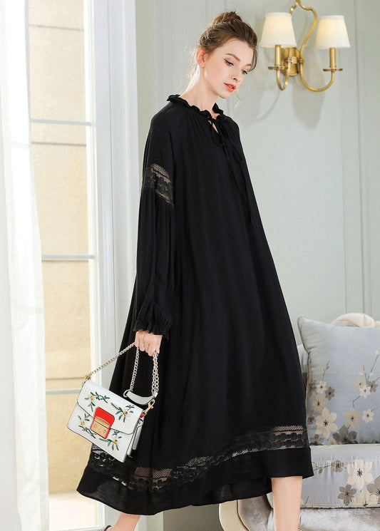 French Black Ruffled Lace Patchwork Cotton Maxi Dress Spring LY0246