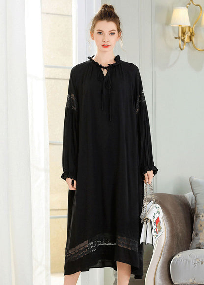 French Black Ruffled Lace Patchwork Cotton Maxi Dress Spring LY0246