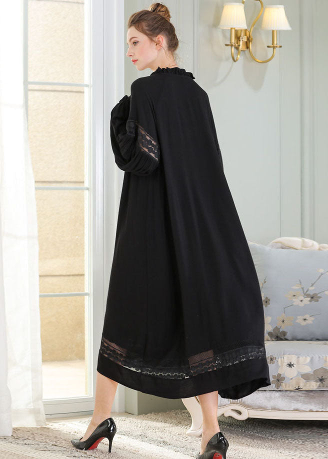 French Black Ruffled Lace Patchwork Cotton Maxi Dress Spring LY0246