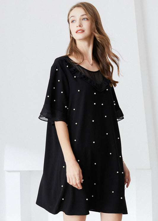 French Black Ruffled Nail Bead Chiffon Dresses Butterfly Sleeve LY0325