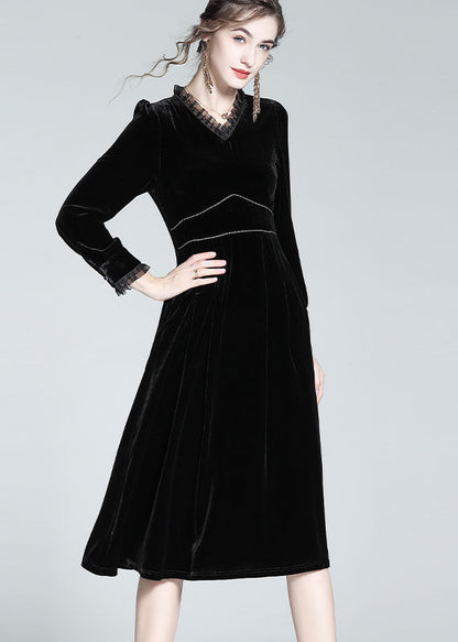 French Black Ruffled Patchwork Zircon Silk Velour Dress Spring LY1057