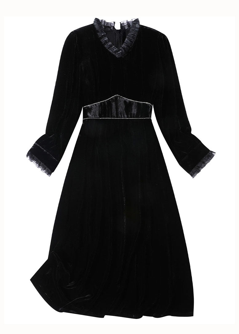 French Black Ruffled Patchwork Zircon Silk Velour Dress Spring LY1057