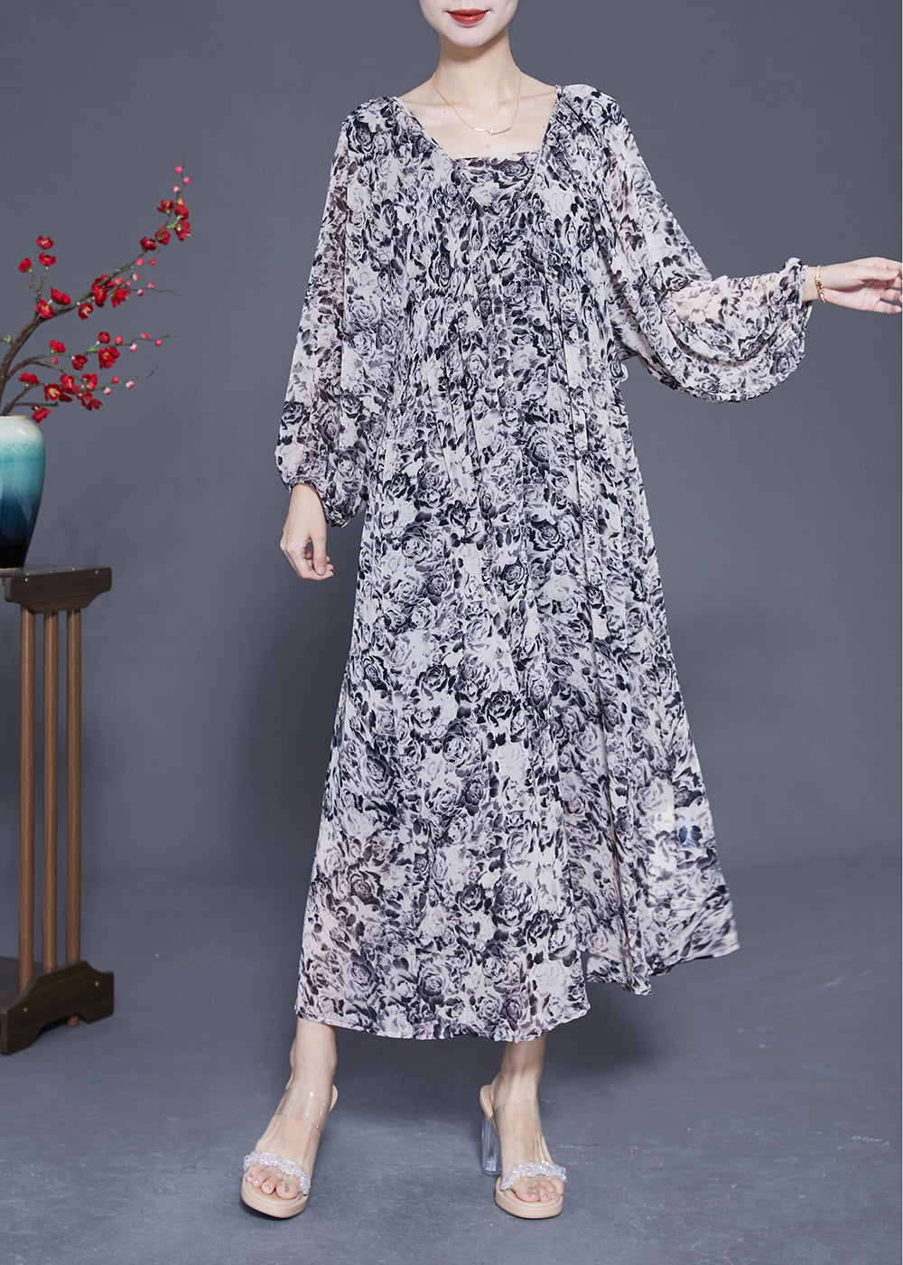 French Black Square Collar Oversized Print Chiffon Long Dress Lantern Sleeve LY1814