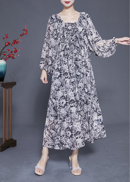 French Black Square Collar Oversized Print Chiffon Long Dress Lantern Sleeve LY1814