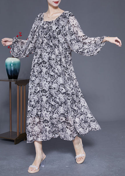 French Black Square Collar Oversized Print Chiffon Long Dress Lantern Sleeve LY1814