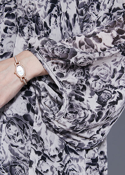 French Black Square Collar Oversized Print Chiffon Long Dress Lantern Sleeve LY1814