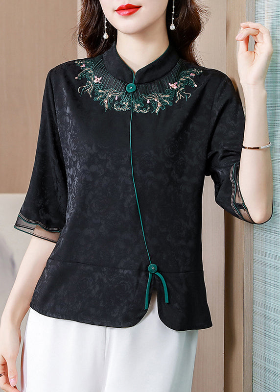 French Black Stand Collar Embroideried Patchwork Silk Shirt Tops Half Sleeve LY0446