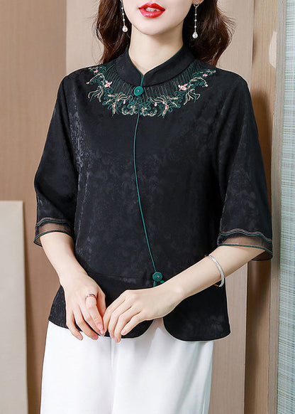 French Black Stand Collar Embroideried Patchwork Silk Shirt Tops Half Sleeve LY0446