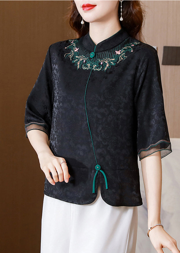 French Black Stand Collar Embroideried Patchwork Silk Shirt Tops Half Sleeve LY0446