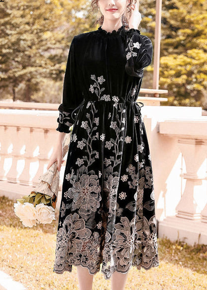 French Black Stand Collar Embroideried Silk Velour Cinched Dresses Spring LY0678