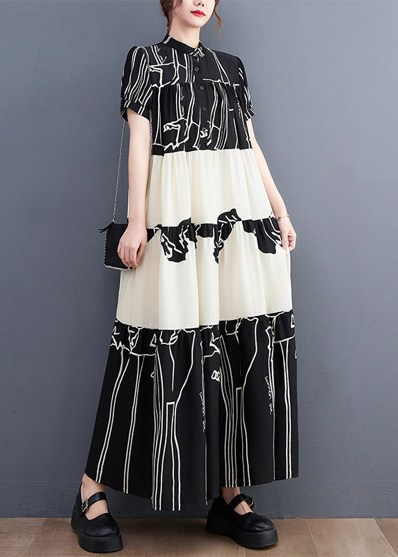 French Black Stand Collar Print Patchwork Long Dress Short Sleeve LY0642