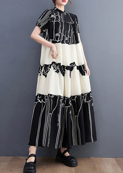 French Black Stand Collar Print Patchwork Long Dress Short Sleeve LY0642