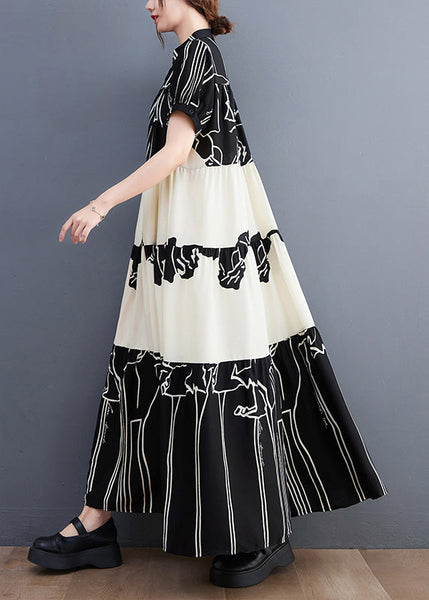 French Black Stand Collar Print Patchwork Long Dress Short Sleeve AC2066