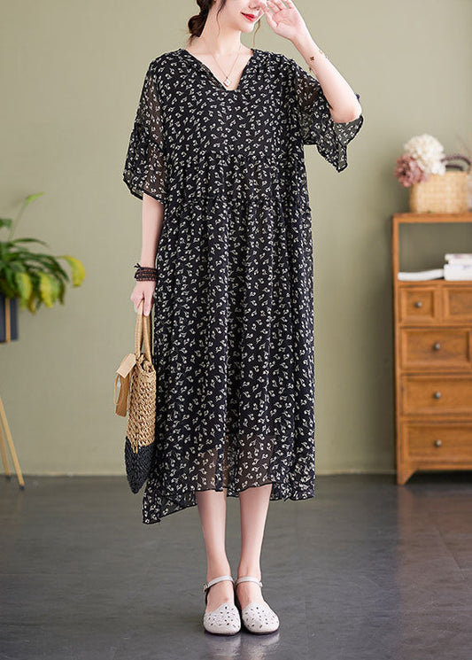 French Black V Neck Hooded Print Chiffon Dress Summer LY1503