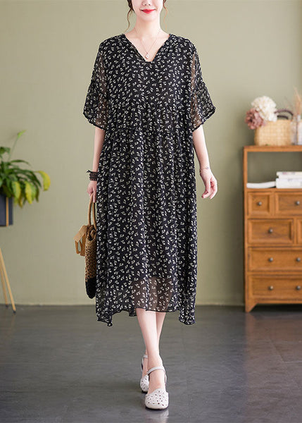 French Black V Neck Hooded Print Chiffon Dress Summer LY1503