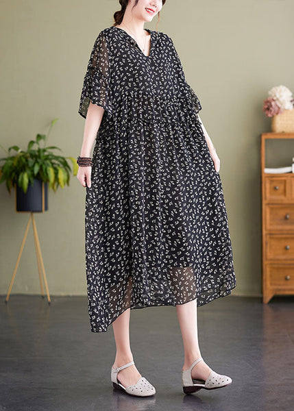 French Black V Neck Hooded Print Chiffon Dress Summer LY1503